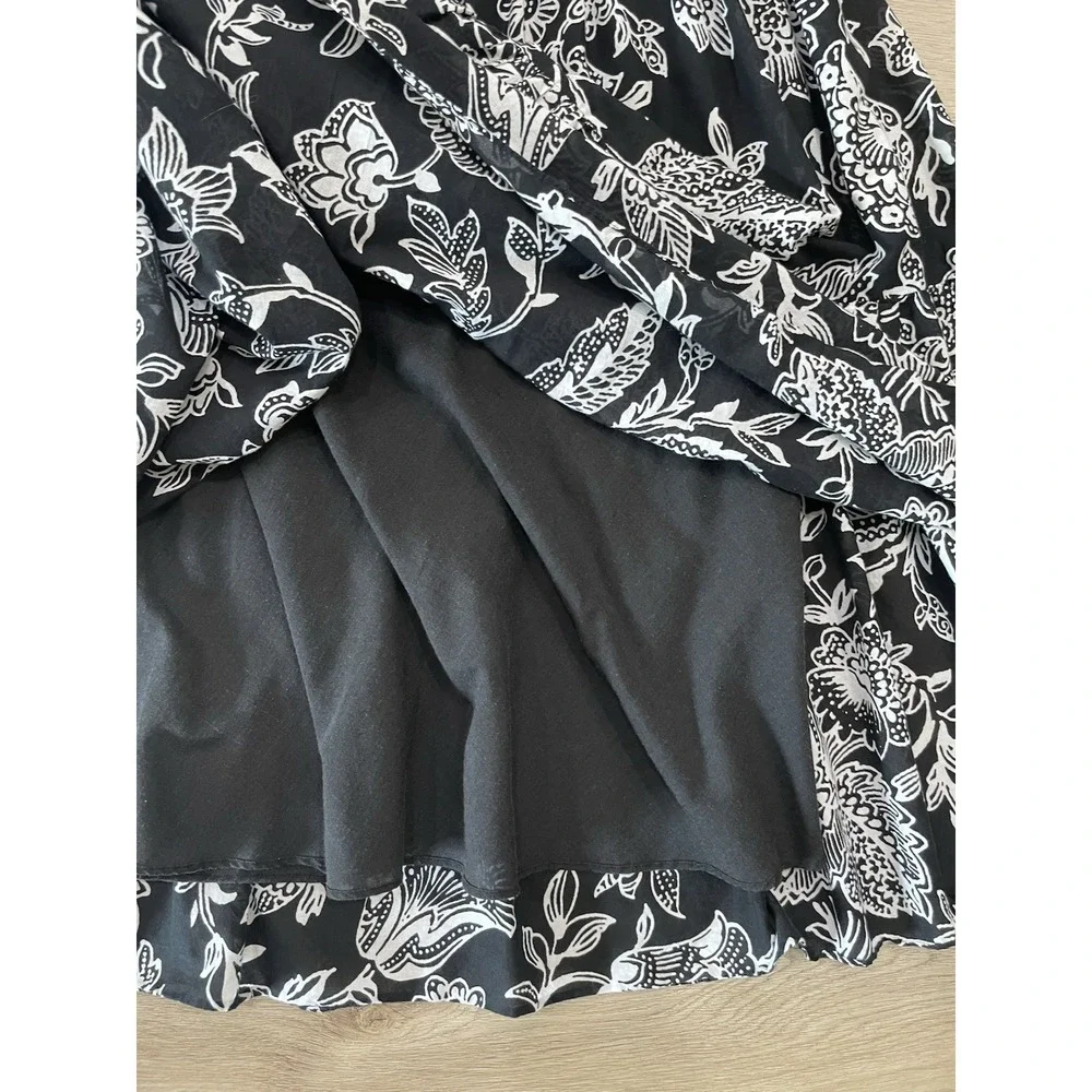 Vtg Y2K Ralph Lauren Tiered‎ Layered Maxi Skirt M Black White Floral Cotton Boho